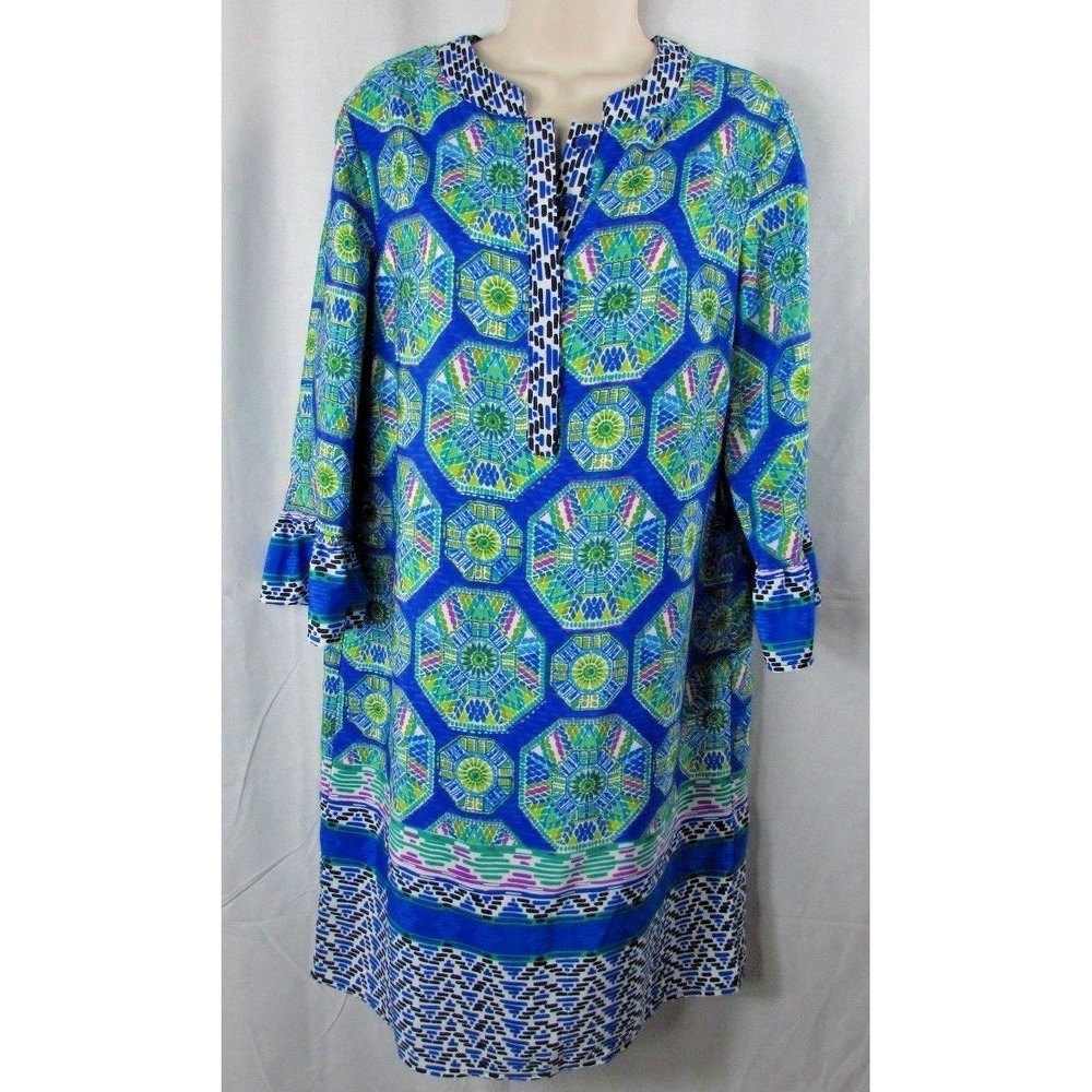 Madison Leigh dress 10 geometric medallion print blue green 3/4 flounce sleeves